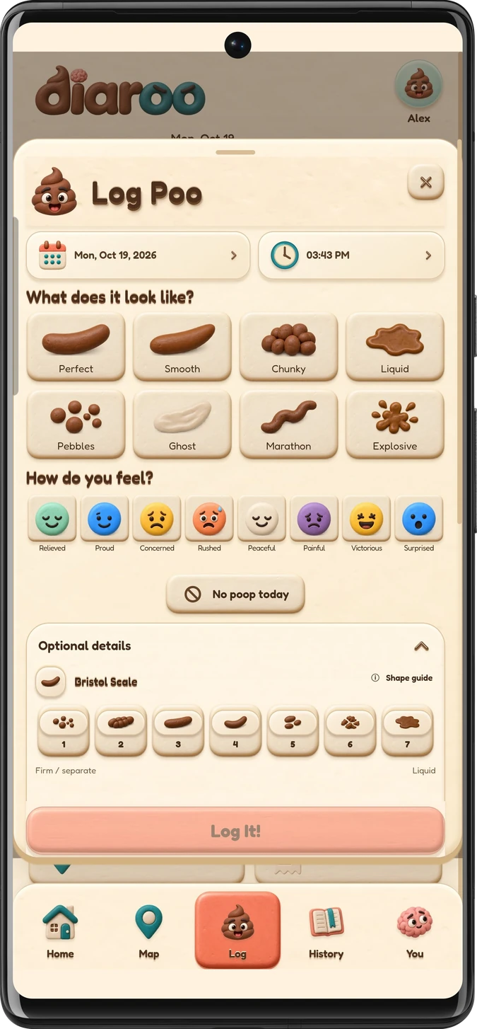 Actual Diaroo 2.0 Poo entry form on Android inside official Google artwork.