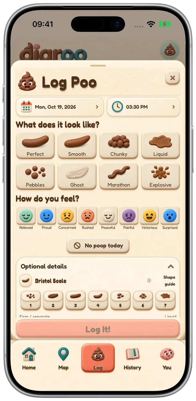 Diaroo Poo entry form on iPhone with bathroom type, mood and optional details.