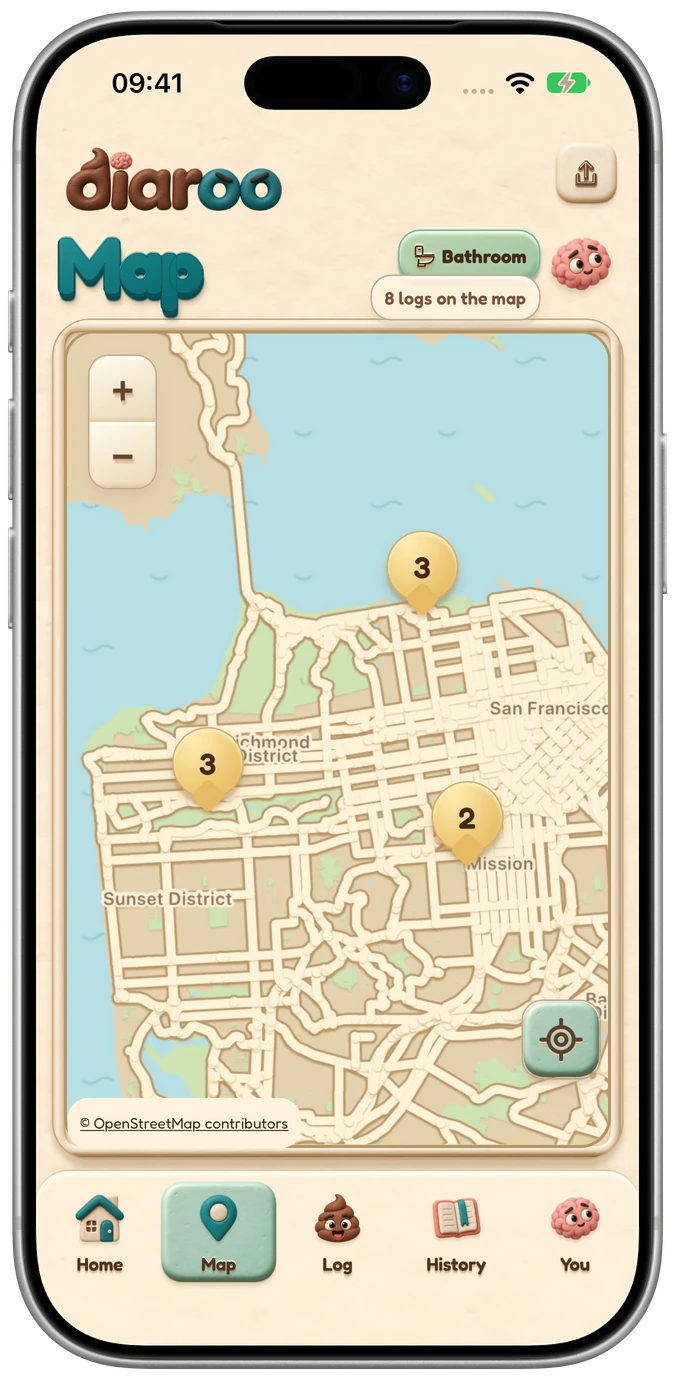 Diaroo map on iPhone with sample saved locations and visible map attribution.