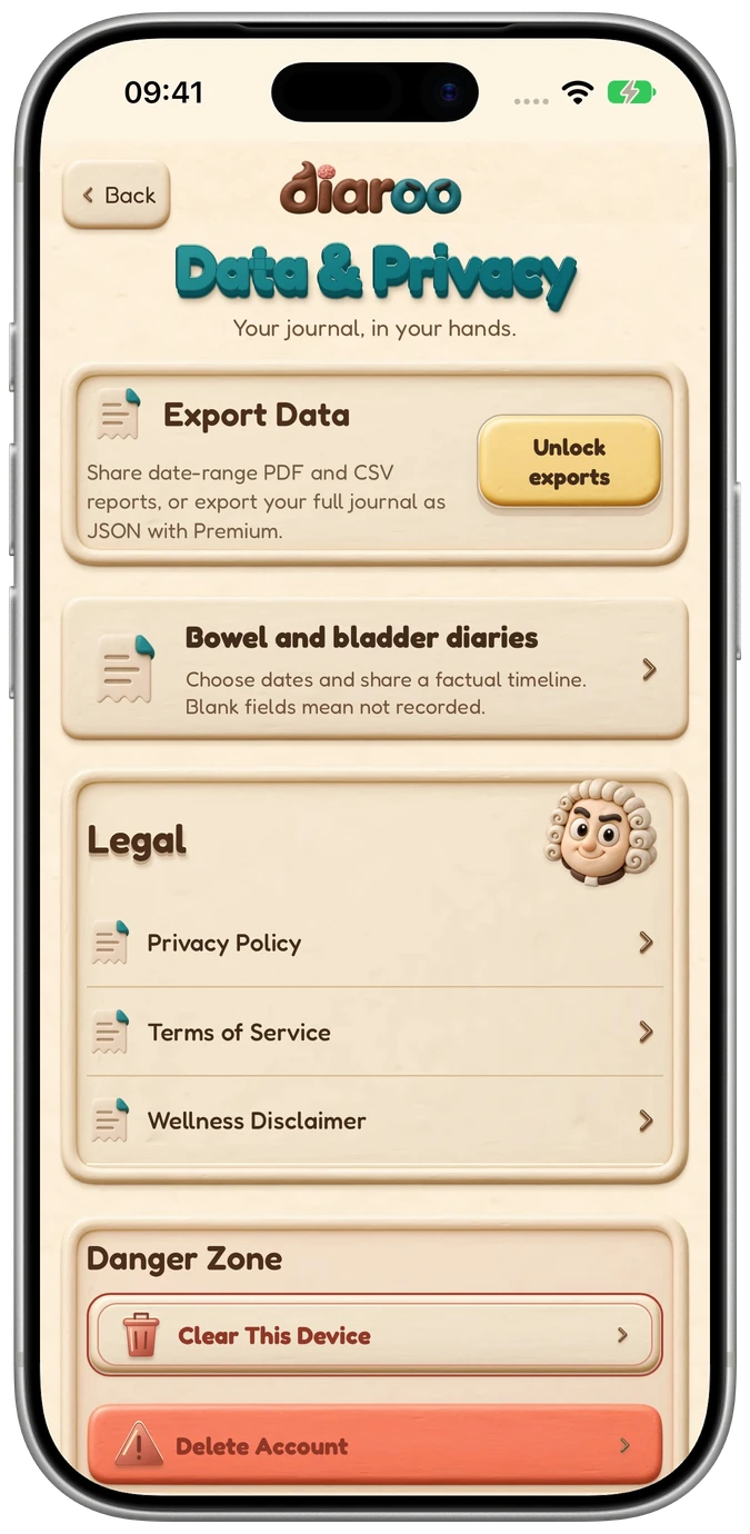Diaroo Manage your data on iPhone with Premium report options, record selection and date-range controls.