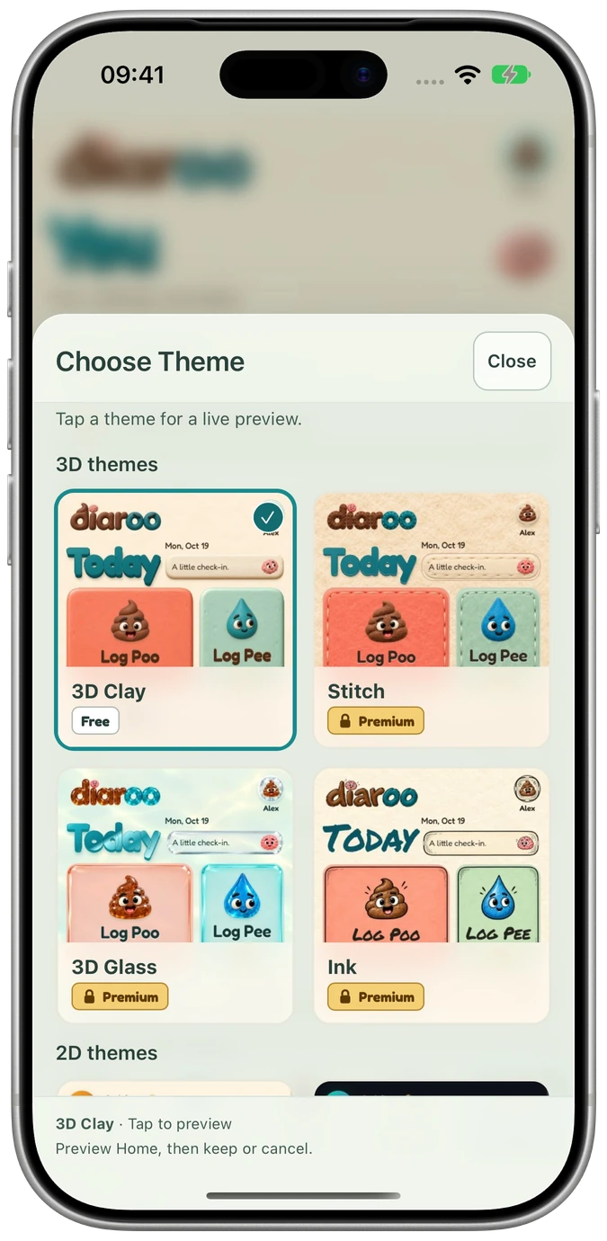 Diaroo 2.0 themes in Clay inside official iPhone artwork, with sample data.